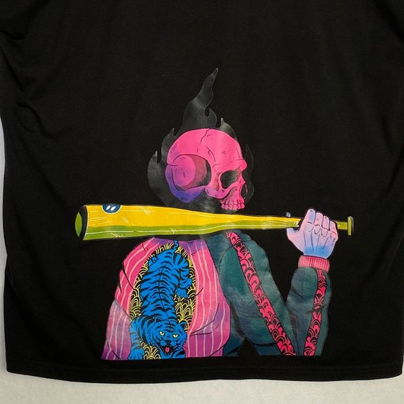 ROMWE T-Shirt Graphic Print Neon Baseball Skeleton Player Crew Neck Black XL - Picture 7 of 7